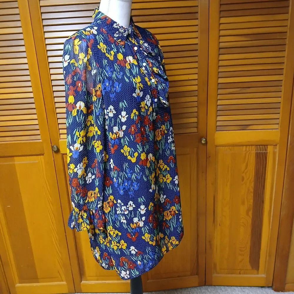 Tory Burch Multicolor Livia Iris Garden Shirtdress Blue Floral Ruffle Size 2